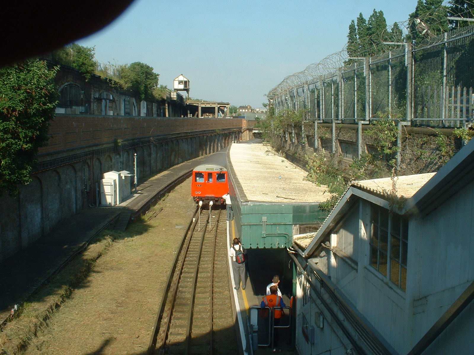 A stock train after arrival at Shoreditch, viewed from the station building