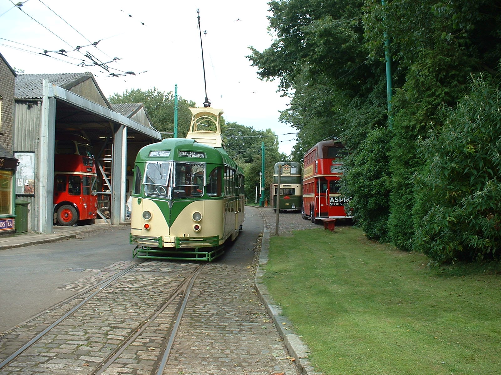 Blackpool tram passing the trolleybus depot